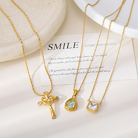 304 Stainless Steel Pave Cubic Zirconia Geometric Pendant Necklaces, Golden