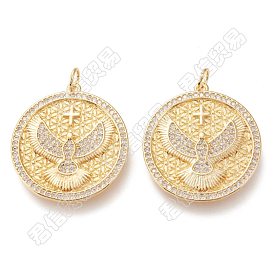5Pcs Brass Micro Pave Clear Cubic Zirconia Pendants, with Jump Rings, Long-Lasting Plated, Flat Round with Bird & Cross