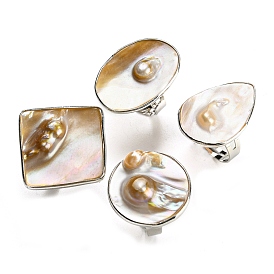 Freshwater Shell with Pearl Adjustable Finger Rings for Girl Women, Platinum Brass Rings, Round/Square/Teardrop/Oval