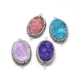 Oval Natural Druzy Agate Links Connectors, with Polymer Clay Rhinestone and Platinum Tone Brass Findings, 37~41x21~23x8~12mm, Hole: 2mm
