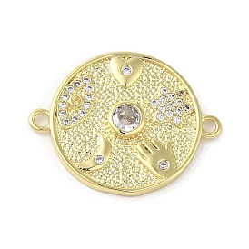 Rack Plating Brass Pave Clear Cubic Zirconia Flat Round Connector Charms, Long-Lasting Plated, Cadmium Free & Lead Free