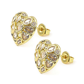 Brass with Cubic Zirconia Stud Earrings, Long-Lasting Plated, Lead Free & Cadmium Free, Heart