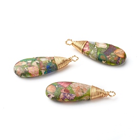 Natural Regalite/Imperial Jasper/Sea Sediment Jasper Pendants, with Real 18K Gold Plated Eco-Friendly Copper Wire, Teardrop