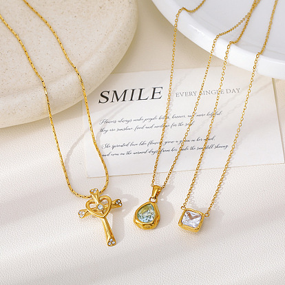 304 Stainless Steel Pave Cubic Zirconia Geometric Pendant Necklaces, Golden