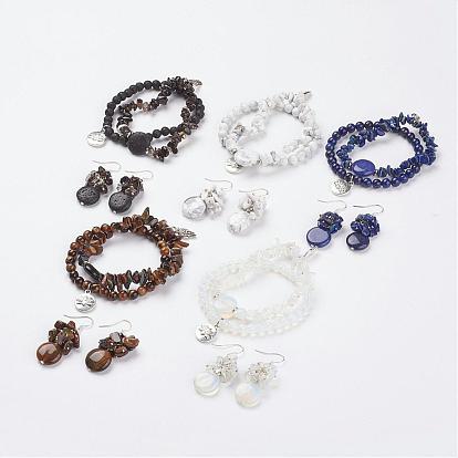 Perles en pierres précieuses enroulables et boucles d'oreilles Ensembles de bijoux, avec les accessoires de style tibétain, et boucles d'oreilles en laiton crochets, Avec des sachets de serrure sacs à cordes