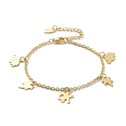 201 pulsera de acero inoxidable con dijes de elefante, hoja y palabra ok con 304 cadenas de acero inoxidable para mujer