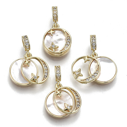 Brass Micro Pave Clear Cubic Zirconia Charms, with Freshwater Shell and Snap On Bails, Nickel Free, Real 18k Gold Plated, Flat Round with Star & Moon