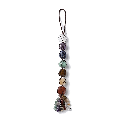 7 Chakra Nuggets Natural Gemstone Pouch Pendant Decoration, Braided Thread and Gemstone Chip Tassel Hanging Ornaments