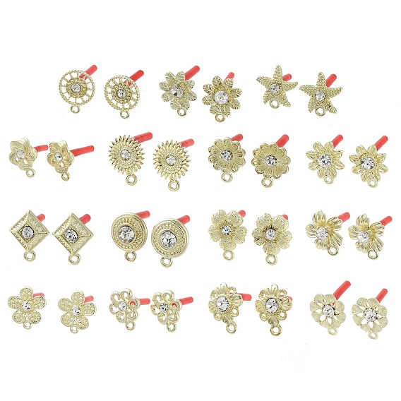 Rack Plating Golden Alloy with Rhinestone Stud Earring Findings, with Loops and 304 Stainless Steel Pins, Cadmium Free & Nickel Free & Lead Free