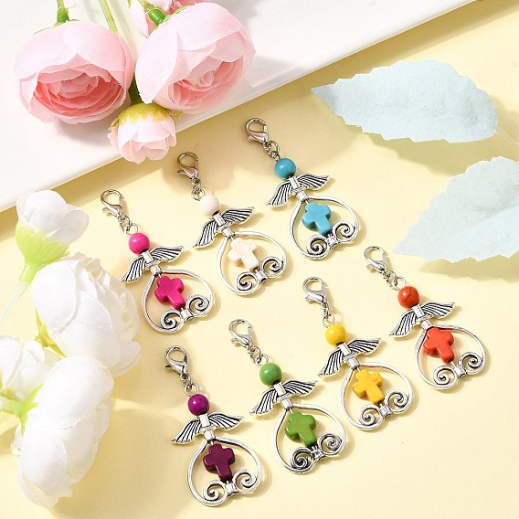 7шт. подвеска в виде ангела из синтетической бирюзы, с крылом из сплава в тибетском стиле и 304 застежками из нержавеющей стали