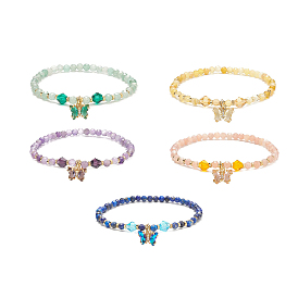 5Pcs 5 Style Natural Mixed Gemstone & Glass Beaded Stretch Bracelets Set, Cubic Zirconia Butterfly Charms Stackable Bracelets for Women