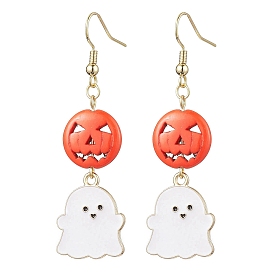 Dyed Synthetic Turquoise and Alloy Enamel Pendants Earrings, Pumpkin & Ghost, for Halloween