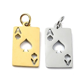 304 Stainless Steel Pendants, with Jump Rings, Laser Cut, Rectangle with Ace of Heart Charm
