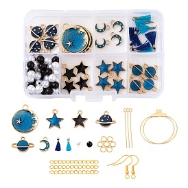 DIY Starry Sky Theme Dangle Earring Making Kits, 30Pcs Moon & Star & Planet Alloy/Brass Enamel Pendants, Tassel Pendant and Round Plastic Beads, 304 Stainless Steel & Iron Findings