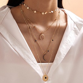 Geometric Oil Drop Moon Multi-layer Necklace Alloy Round Shiny Sequin Four-layer Set