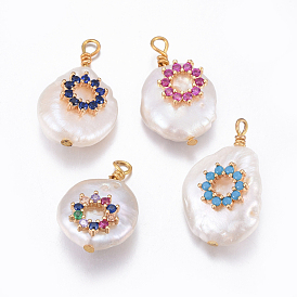 Natural Cultured Freshwater Pearl Pendants, with Brass Cubic Zirconia Findings, Nuggets with Flower, Golden