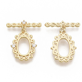 Brass Micro Pave Clear Cubic Zirconia Toggle Clasps, with Jump Rings, Nickel Free, Oval, Real 18K Gold Plated