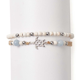 Ensemble de bracelets en perles tressées de style turquoise synthétique (teint) et jade blanc naturel, bracelets à maillons tortue pour femme