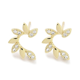 Brass Pave Clear Cubic Zirconia Stud Earring, Leaf