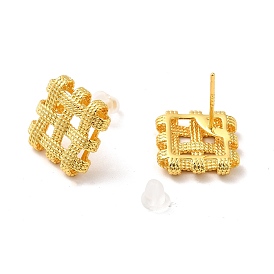 Brass Woven Rhombus Stud Earrings with 925 Sterling Silver Pins for Women