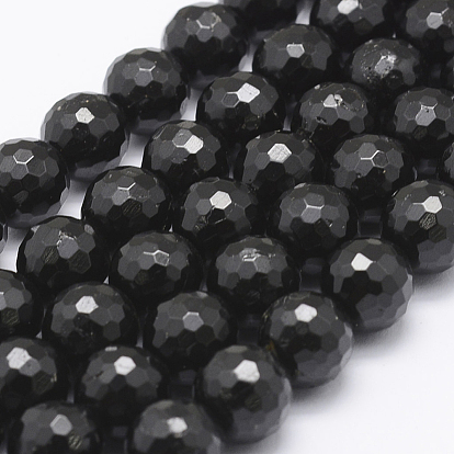 Natural Black Tourmaline Beads Strands, Grade A, Faceted Round