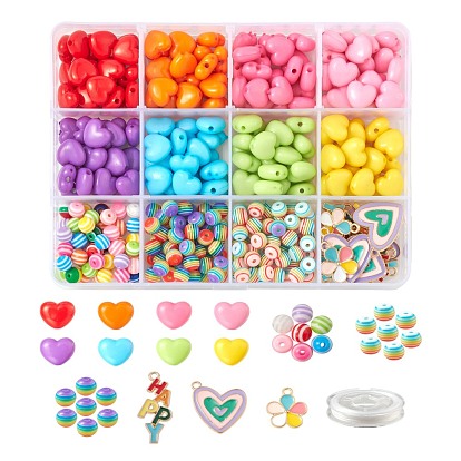 DIY Cute Colorful Beads Bracelet Making Kits, Including Stripe Resin Beads, Heart Opaque Acrylic Beads, Elastic Thread and Alloy Enamel Pendants