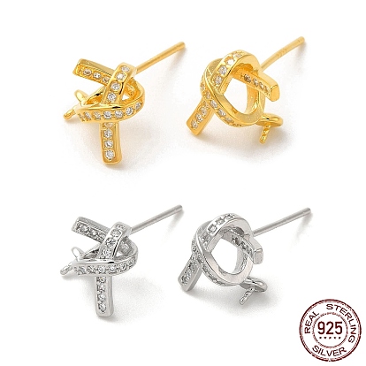 925 Sterling Silver Micro Pave Cubic Zirconia Stud Earing Findings, for Half Drilled Beads, with S925 Stamp