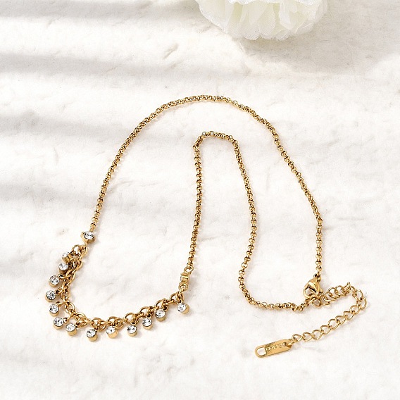 304 Подвеска-колье из нержавеющей стали с кристаллами и стразами, плоская круглая кисточка, цепочка-роло для женщин