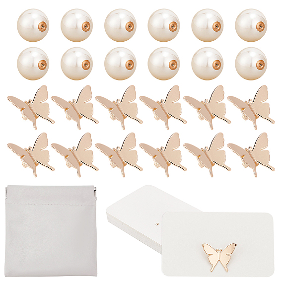 Kit porte-cartes de mariage, y compris 20 des boucles d'oreilles en résine imitant les perles, 20 pièces de broches papillon en alliage de zinc, 30 pièces de présentoirs à bijoux rectangulaires en papier et 1 pièces de pochettes carrées en cuir PU
