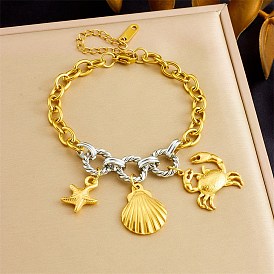 Duo Tone Ocean 304 Stainless Steel Shell Shape Crab Charm Bracelets for Women