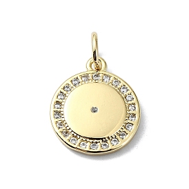 Brass Micro Pave Claer Cubic Zirconia Charms, with Jump Ring, Flat Round