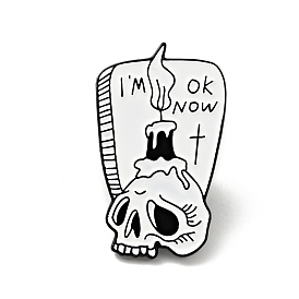 Skull with Candle Halloween Enamel Pin, Word I'm Ok Now Alloy Badge for Backpack Clothes, Electrophoresis Black