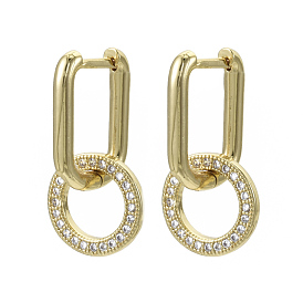 Brass Micro Pave Cubic Zirconia Dangle Huggie Hoop Earrings, Nickel Free, Ring, Real 16K Gold Plated