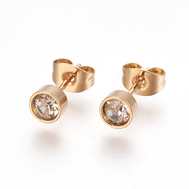 304 Stainless Steel Ear Studs, with Rhinestone, Flat Round