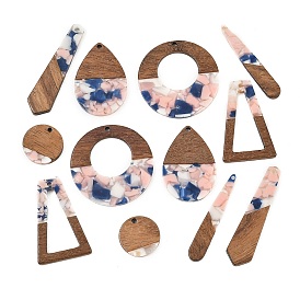 Walnut Wood & Transparent Resin Pendants, Mixed Shapes Charm