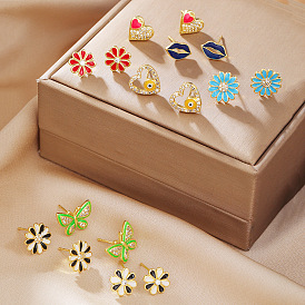 Copper-studded zircon earrings for women dripping oil rainbow flower lips bee niche design fashion earrings