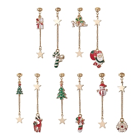 Christmas Theme Alloy Enamel Asymmetrical Earrings, Golden 304 Stainless Steel Dangle Stud Earrings for Women, Mixed Shape
