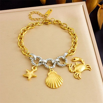 Duo Tone Ocean 304 Stainless Steel Shell Shape Crab Charm Bracelets for Women