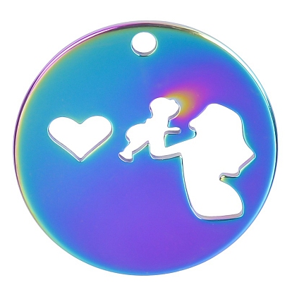 Mother's Day Stainless Steel Pendants, Flat Round with Mother & Baby Charm