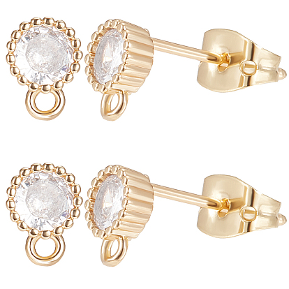 10шт. плоские круглые латунные кубические циркониевые серьги-гвоздики, с горизонтальными петлями и ушными гайками 10шт.