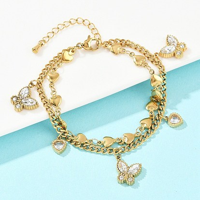 304 из нержавеющей стали браслеты многожильных, браслеты со стеклянными подвесками для женщин, Сердце и бабочка, ионное покрытие (ip)