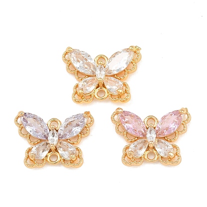 Brass Pave Cubic Zirconia Connector Charms, Butterfly Links, Real 18K Gold Plated, Faceted