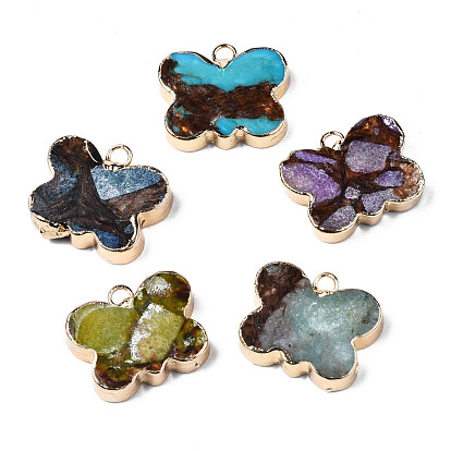Butterfly Assembled Natural Bronzite and Natural & Synthetic Gemstone Pendants, with Iron Loop and Brass Edge, Light Gold, Dyed