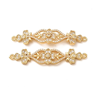 Breloques de connecteur en laiton micro pavé de zircone cubique transparente, liens de fleurs, crémaillère plaquage, plaqué longue durée, sans cadmium et sans plomb