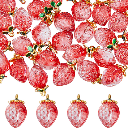 50Pcs Transparent Glass Pendants, Strawberry, with Golden Alloy Enamel Findings, Two Tone