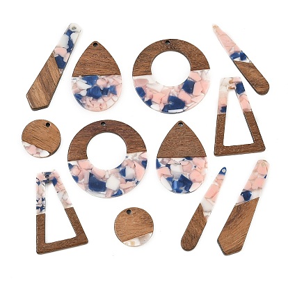 Walnut Wood & Transparent Resin Pendants, Mixed Shapes Charm