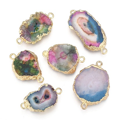 Electroplate Natural Druzy Agate Links Connectors, with Brass Findings, Dyed, Golden, Nuggets