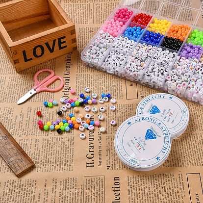 DIY Jewelry Finding Kit, Including Round & Flat Round Plastic & Acrylic Letter Beads, Elastic Stretch Thread and Stainless Steel Scissors