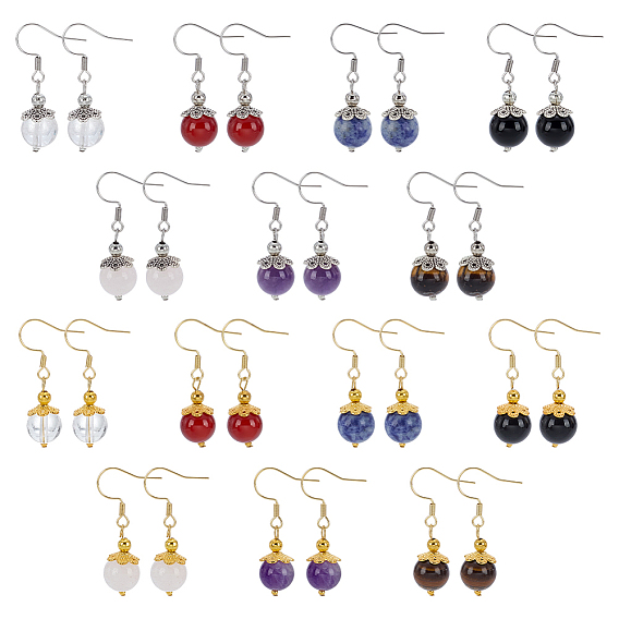 14 пары 304 круглые серьги-подвески из нержавеющей стали, с природных драгоценных камней, золотые и нержавеющая сталь цвет