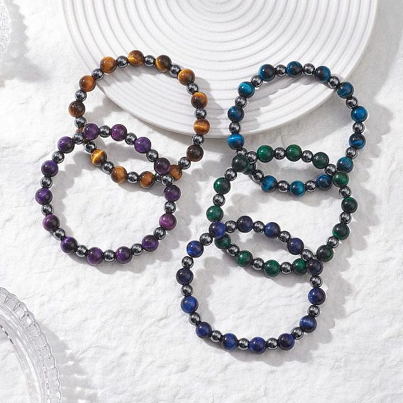 Круглые эластичные браслеты из натуральных бусин тигрового глаза и немагнитного синтетического гематита для женщин, окрашенная и подогревом